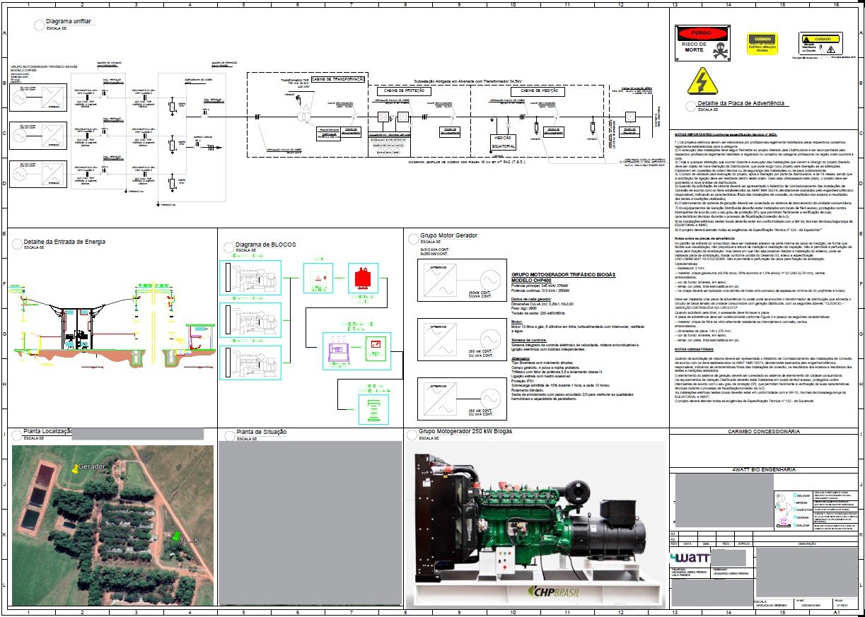 Prancha técnica Motogerador 250 kW a biogás — engenharia 4WaTT