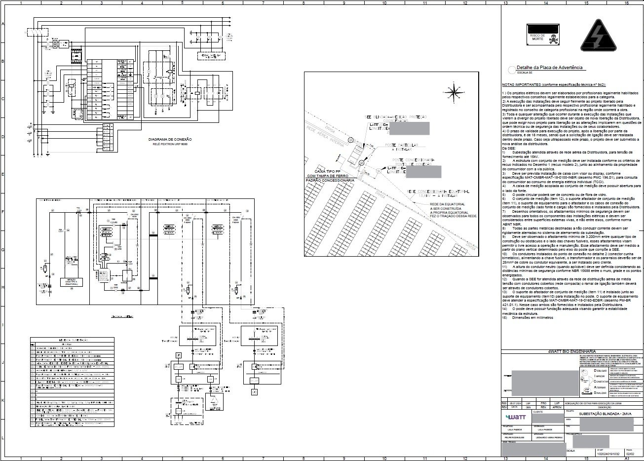 Prancha de diagrama de proteção de subestação produzida pela engenharia 4WaTT